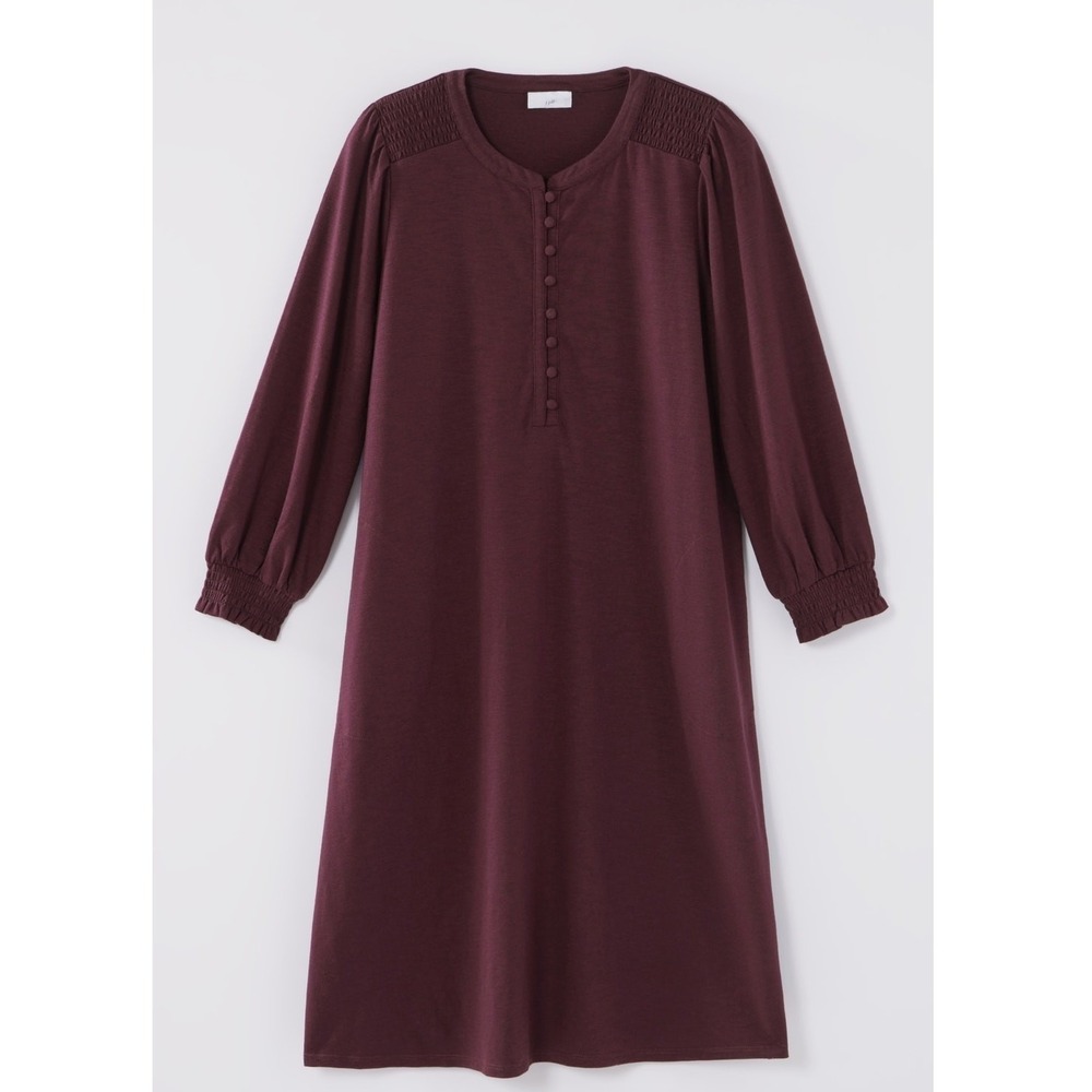 NEW J.Jill $99 Large Spiced Wine Burgundy Cottagecore Fall Smocked Henley Dress